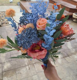 Dusty blue and peach bridal bouquet - Image 11
