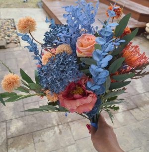 Dusty blue and peach bridal bouquet - Image 4