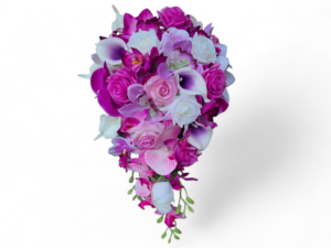 Fuchsia, lavender and white cascading bouquet